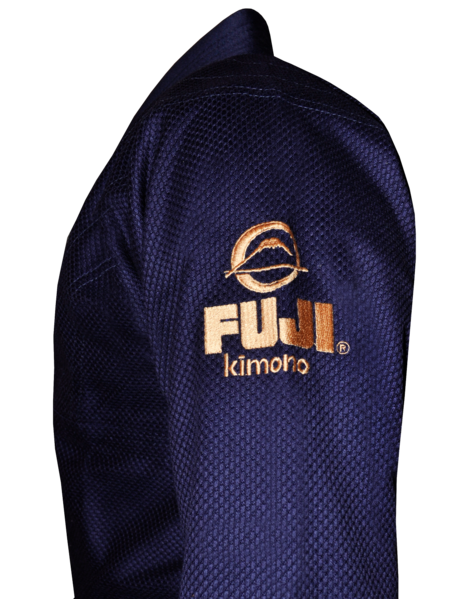 Fuji sports All Around BJJ Gi beginner navy blue side left shoulder logo stitching gold